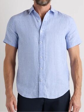 Quince Men 100% European Linen Relaxed Short Sleeve Shirt L French Blue